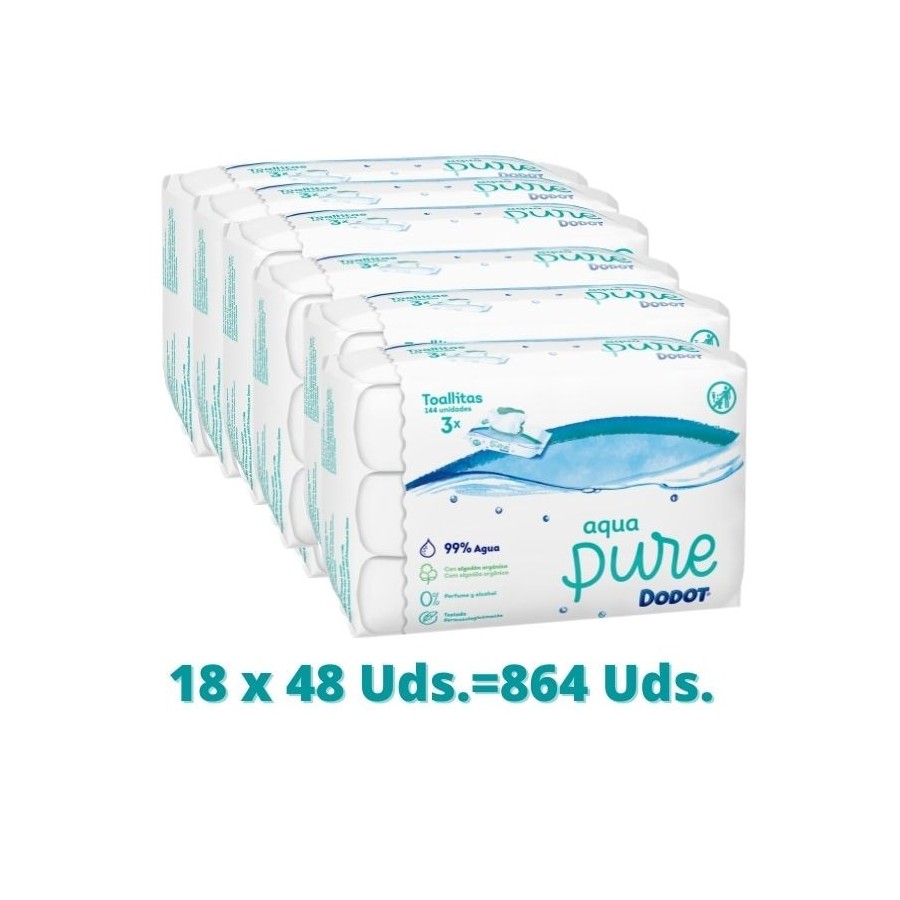 Dodot Toallitas Aqua Pure para Bebé, 99% Agua, 864 Toallitas, 18 Paquetes  (14+4 Gratis)