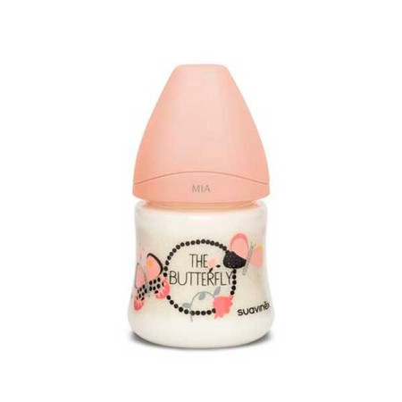 Biberón 150 ml. flujo lento (látex) mariposas naranjas. Suavinex
