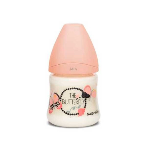 Biberón 150 ml. flujo lento (látex) mariposas naranjas. Suavinex
