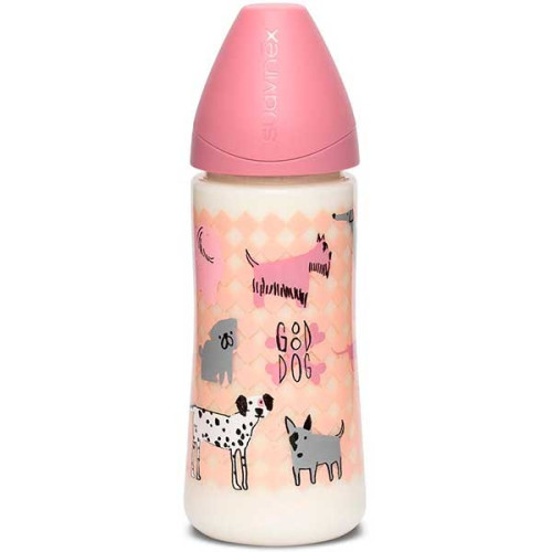 Biberón 360 ml. látex. Perritos rosa. Suavinex