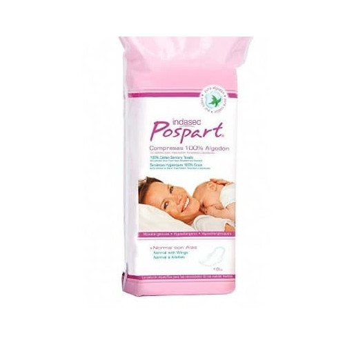 Compresa tocológicas postparto algodón con alas 14 uds. Indasec