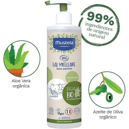 Agua Micelar Bio sin perfume con Aloe Vera y Aceite de Oliva 400ml. Mustela
