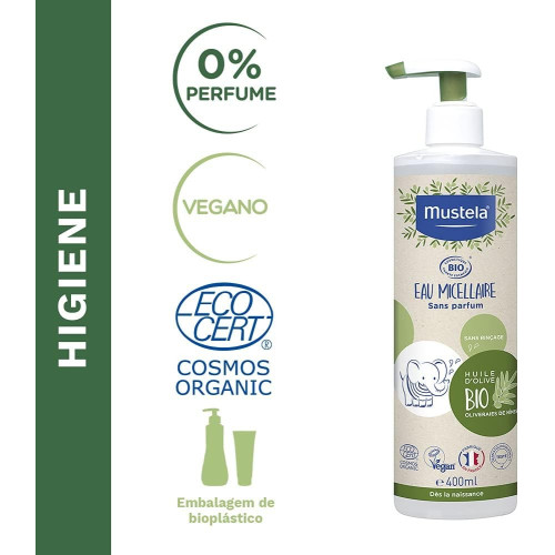 Agua Micelar Bio sin perfume con Aloe Vera y Aceite de Oliva 400ml. Mustela