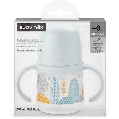 Vaso de aprendizaje antiderrame con asas y boquilla de silicona 150ml. Suavinex