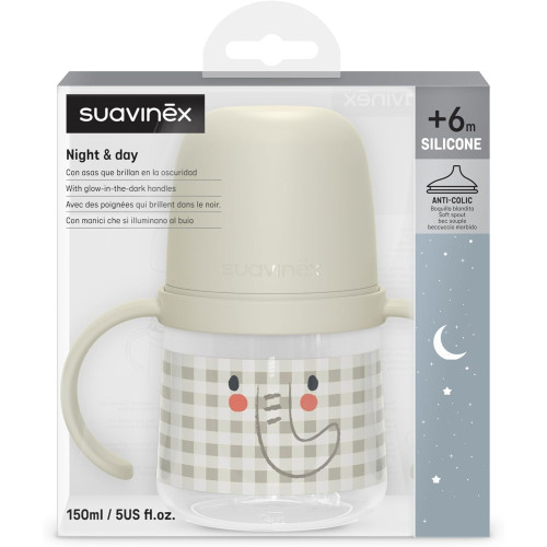 Vaso de aprendizaje antiderrame que brilla en la oscuridad con boquilla de silicona 150ml. Suavinex
