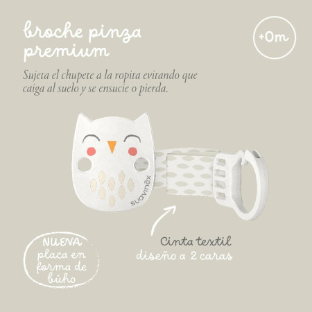 Sujeta chupete broche Pinza con Cinta. Cadena para chupete con cinta textil, con diseño a dos caras. +0 Meses. Suavinex