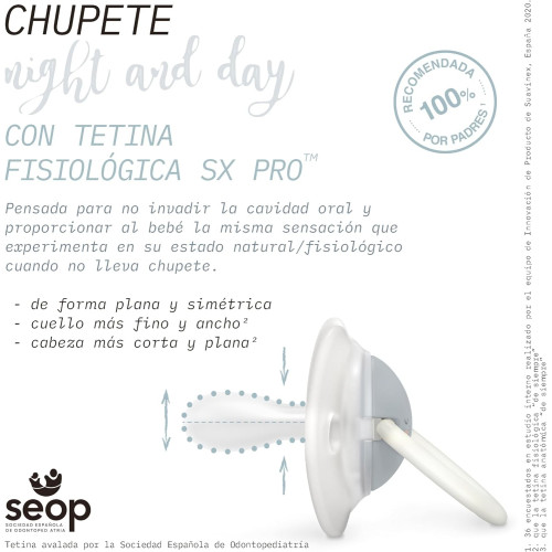 Pack de 2 chupetes NOCHE con tetina fisiológica silicona Sx Pro(0-6). Suavinex