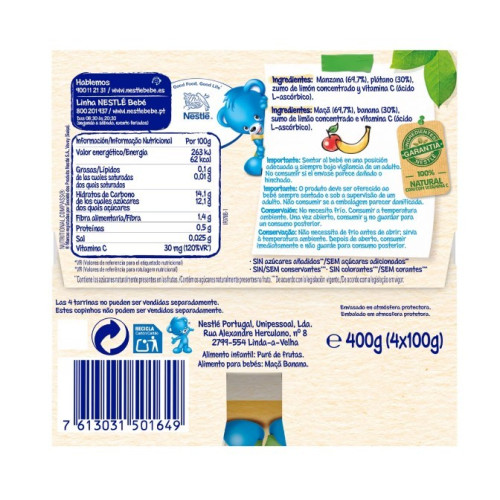 Tarrinas pure manzana y plátano (4x100g). Nestlé