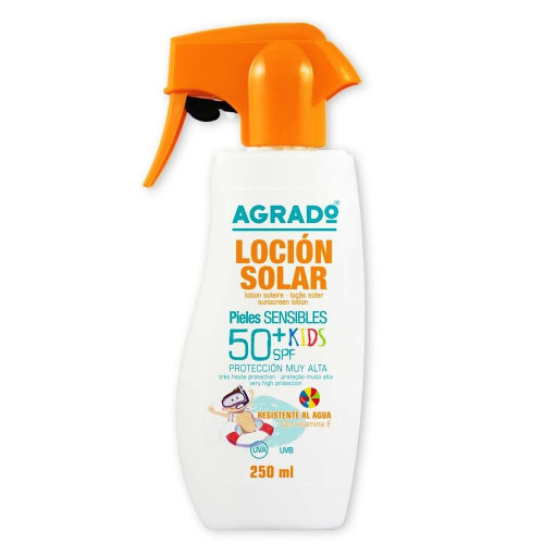 Spray Protección Solar infantil SPF50+, Loción pistola piel sensible 250ml. Agrado