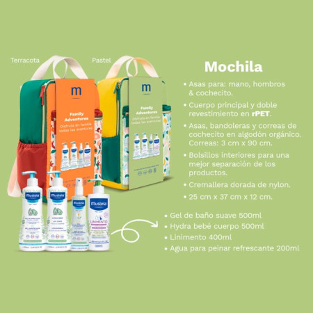 Mochila Family Adventures con 4 productos Bio. Mustela
