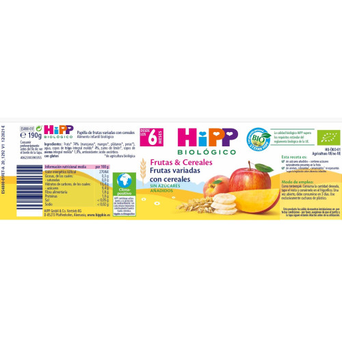 Tarrito De Frutas Variadas Con Cereales Bio (190 g).  Hipp