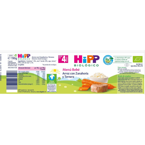 Tarrito De Arroz Con Zanahoria Y Ternera Bio (190 g). Hipp