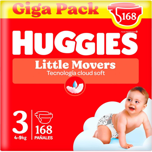 Pañales Huggies Little Movers Talla 3 (4-9 kg) - 1 Paquete de 56 Uds y Pack Ahorro 168 Uds