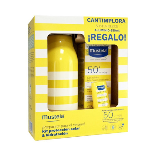 Pack solar alta protección , leche + stick solar , regalo una cantimplora. Mustela
