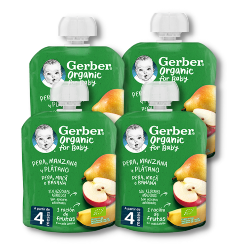 Pack de 4 bolsitas pera, manzana y platano (4x90g). Gerber