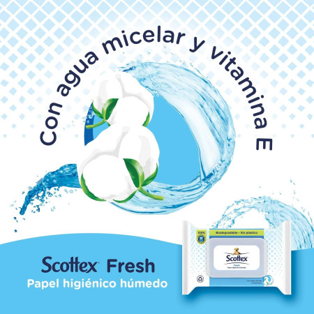Toallitas papel húmedo con agua micelar y vitaminas E (74 uds). Scottex