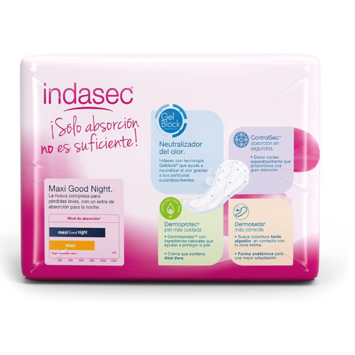 Indasec Dermoseda Maxi Night 12 uds | Más Pañales