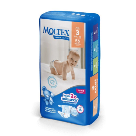 Pañales Moltex Premium Comfort Talla 3 (4 -10 kg). Pack Ahorro 2 x 56