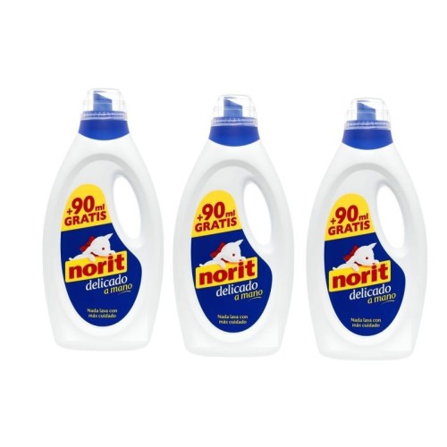 Detergente Liquido delicado a Mano Norit. Pack Ahorro 3 x 1125 + 90 ml. Norit