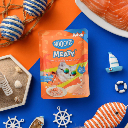 Pouch de atún y salmón para gatos MOOCHIE delicias carnosas