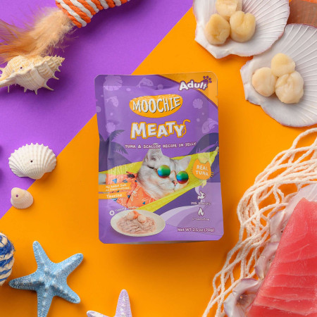 Pouch de atún y vieiras para gatos MOOCHIE delicias carnosas. Pack 12 x 70 g