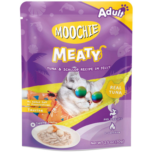 Pouch de atún y vieiras para gatos MOOCHIE delicias carnosas. Pack 12 x 70 g