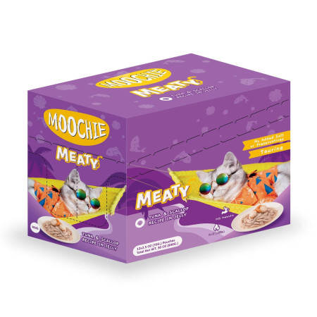 Pouch de atún y vieiras para gatos MOOCHIE delicias carnosas. Pack 12 x 70 g