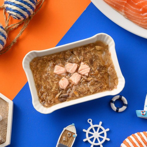 Pouch de atún y salmón para gatos MOOCHIE delicias carnosas. Pack 12 x 70