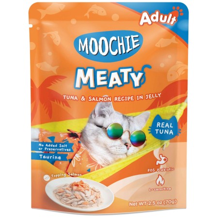 Pouch de atún y salmón para gatos MOOCHIE delicias carnosas. Pack 12 x 70