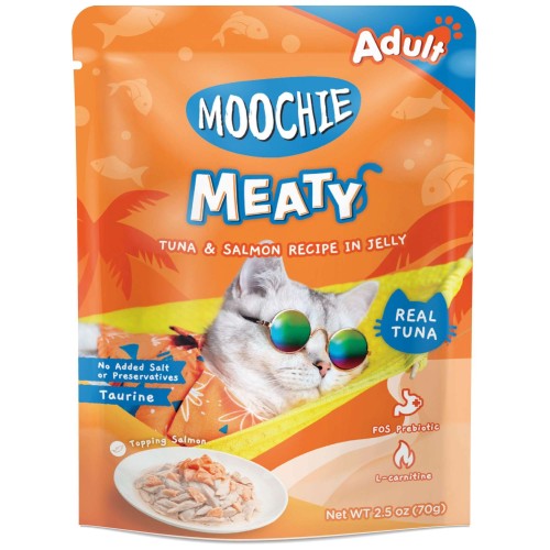 Pouch de atún y salmón para gatos MOOCHIE delicias carnosas. Pack 12 x 70