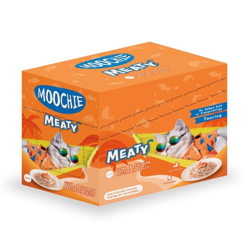 Pouch de atún y salmón para gatos MOOCHIE delicias carnosas. Pack 12 x 70