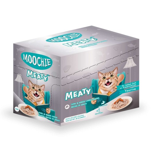 Pouch de atún y mejillón para gatos senior MOOCHIE delicias carnosas. 70 gr