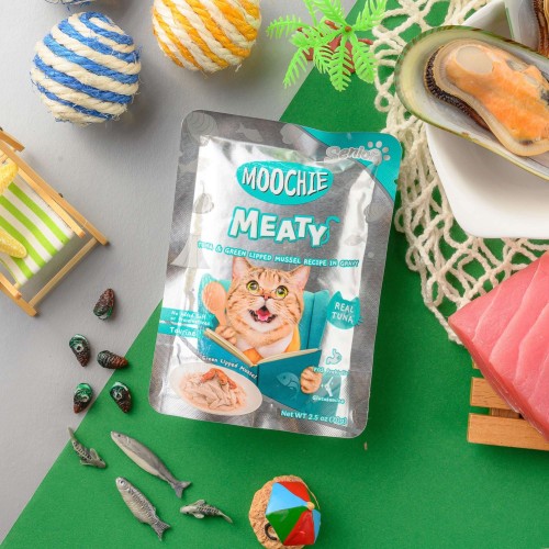 Pouch de atún y mejillón para gatos senior MOOCHIE delicias carnosas. 70 gr