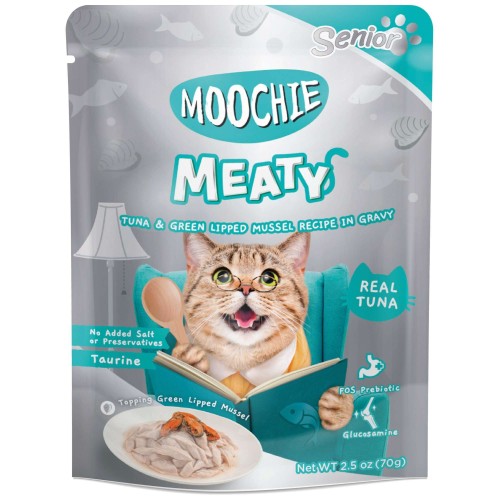 Pouch de atún y mejillón para gatos senior MOOCHIE delicias carnosas. 70 gr