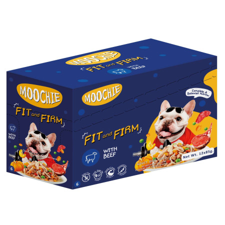 Pouch de ternera y verduras para perros MOOCHIE peso ideal. Pack 12 x 85 gr