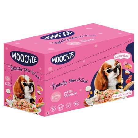 Pouch de salmón y verduras para perros MOOCHIE pelaje radiante. 12 x 85 gr