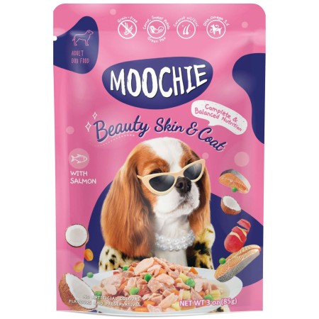 Pouch de salmón y verduras para perros MOOCHIE pelaje radiante. 12 x 85 gr