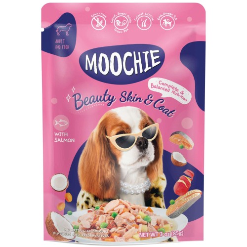 Pouch de salmón y verduras para perros MOOCHIE pelaje radiante. 12 x 85 gr