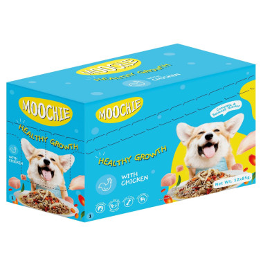 Pouch de pollo y verduras para cachorros MOOCHIE crecimiento saludable. Pack 12 x 85gr