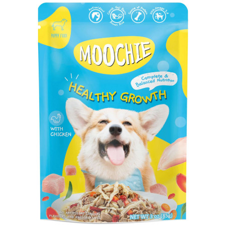 Pouch de pollo y verduras para cachorros MOOCHIE crecimiento saludable. Pack 12 x 85gr