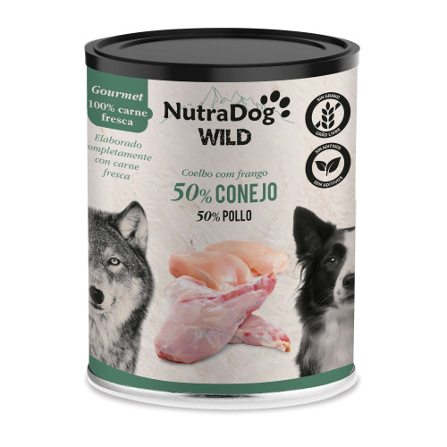 Alimento humedo 100 % natural de conejo y pollo para perros NutraDog WILD Gourmet. 200g