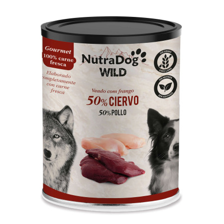 Alimento húmedo 100 % de ciervo y pollo para perros NutraDog WILD Gourmet. 200g