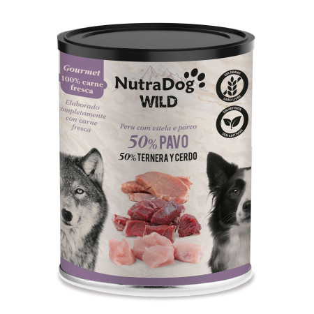 Alimento húmedo 100 % de pavo, ternera y cerdo para perros NutraDog WILD Gourmet. 400g