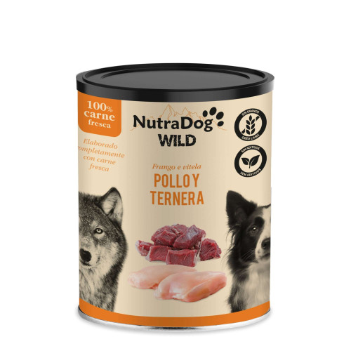 Alimento húmedo 100 % de pollo y ternera para perros NutraDog WILD. 800g
