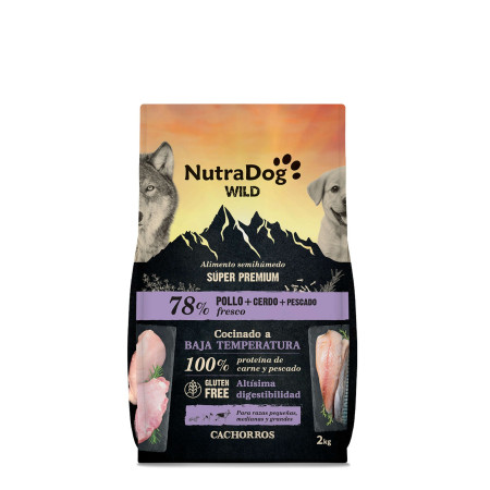 Alimento semihúmedo para cachorros pollo, cerdo y pescado 78% NutraDog WILD. 2 kg