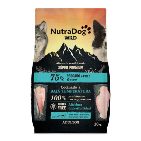 Alimento semihúmedo para perros adultos pescado y pollo 75% NutraDog WILD. 10 kg