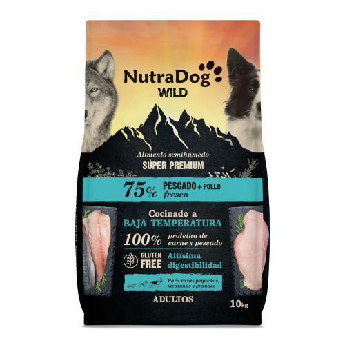 Alimento semihúmedo para perros adultos pescado y pollo 75% NutraDog WILD. 10 kg