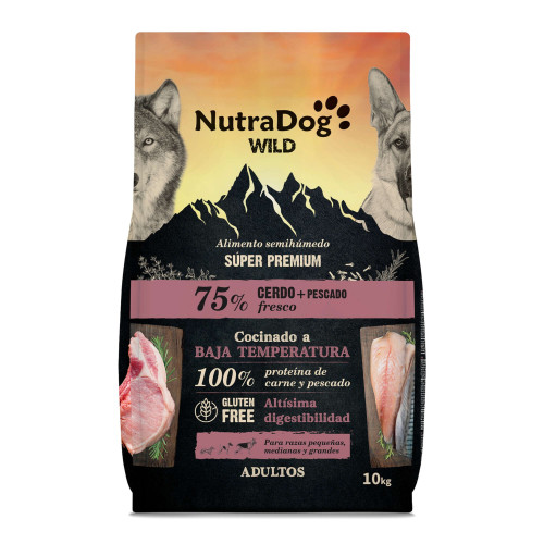 Alimento semihúmedo para perros adultos cerdo y pescado 75% NutraDog WILD. 10 kg
