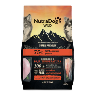 Alimento semihúmedo para perros adultos pavo y pescado 75% NutraDog WILD. 10 kg