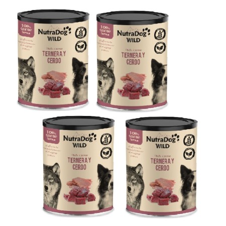 Alimento húmedo 100 % natural de ternera y cerdo para perros NutraDog WILD. Pack Ahorro 4 x 400g